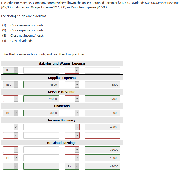 The ledger of Martinez Company contains the following balances: Retained Earnings $31,000, Dividends $3,000, Service Revenue
$49,000, Salaries and Wages Expense $27,500, and Supplies Expense $6,500.
The closing entries are as follows:
(1) Close revenue accounts.
(2) Close expense accounts.
(3) Close net income/(loss).
(4) Close dividends.
Enter the balances in T-accounts, and post the closing entries.
Salaries and Wages Expense
Bal.
Supplies Expense
Bal.
6500
6500
Service Revenue
49000
49000
Dividends
Bal.
3000
3000
Income Summary
49000
Retained Earnings
31000
(4)
15000
Bal.
43000
> >
>
