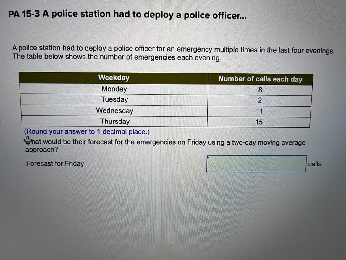 PA 15-3 A police station had to deploy a police officer...
A police station had to deploy a police officer for an emergency multiple times in the last four evenings.
The table below shows the number of emergencies each evening.
Weekday
Monday
Tuesday
Wednesday
Thursday
(Round your answer to 1 decimal place.)
that would be their forecast for the emergencies on Friday using a two-day moving average
approach?
Forecast for Friday
Number of calls each day
8
2
11
15
calls