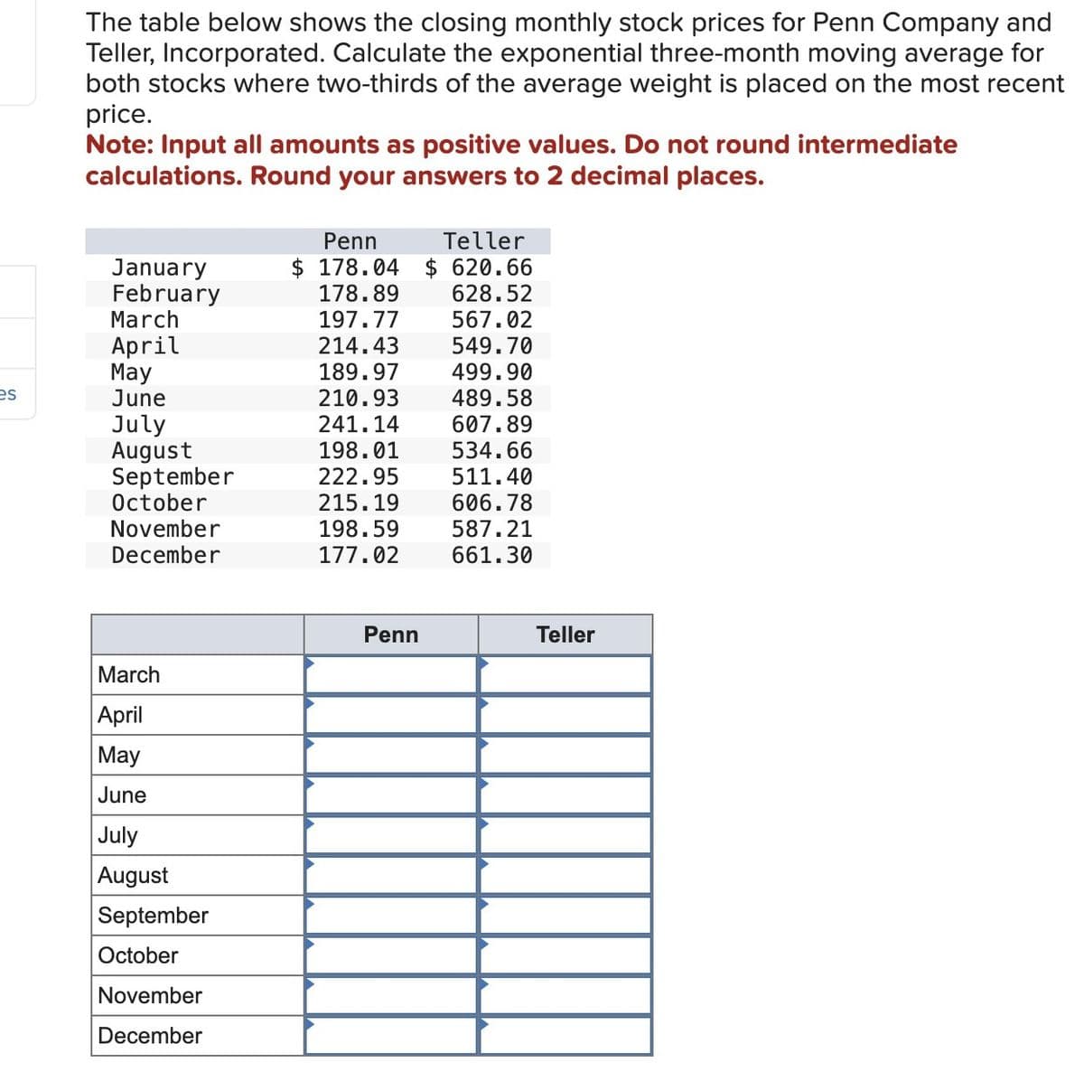 es
The table below shows the closing monthly stock prices for Penn Company and
Teller, Incorporated. Calculate the exponential three-month moving average for
both stocks where two-thirds of the average weight is placed on the most recent
price.
Note: Input all amounts as positive values. Do not round intermediate
calculations. Round your answers to 2 decimal places.
January
February
March
April
May
June
July
August
September
October
November
December
March
April
May
June
July
August
September
October
November
December
Penn
Teller
$ 178.04 $ 620.66
178.89
628.52
197.77
567.02
214.43
549.70
189.97 499.90
210.93
489.58
241.14
607.89
198.01
534.66
222.95
511.40
215.19
606.78
198.59
587.21
177.02
661.30
Penn
Teller