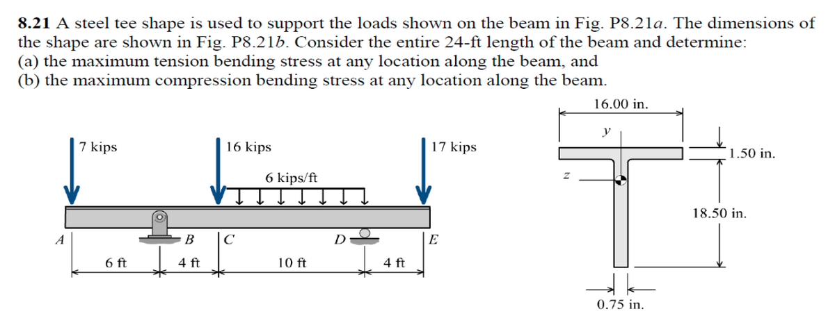 8.21 A steel tee shape is used to support the loads shown on the beam in Fig. P8.21a. The dimensions of
the shape are shown in Fig. P8.21b. Consider the entire 24-ft length of the beam and determine:
(a) the maximum tension bending stress at any location along the beam, and
(b) the maximum compression bending stress at any location along the beam.
A
7 kips
6 ft
B
4 ft
16 kips
C
6 kips/ft
10 ft
D
4 ft
17 kips
E
16.00 in.
y
0.75 in.
1.50 in.
18.50 in.