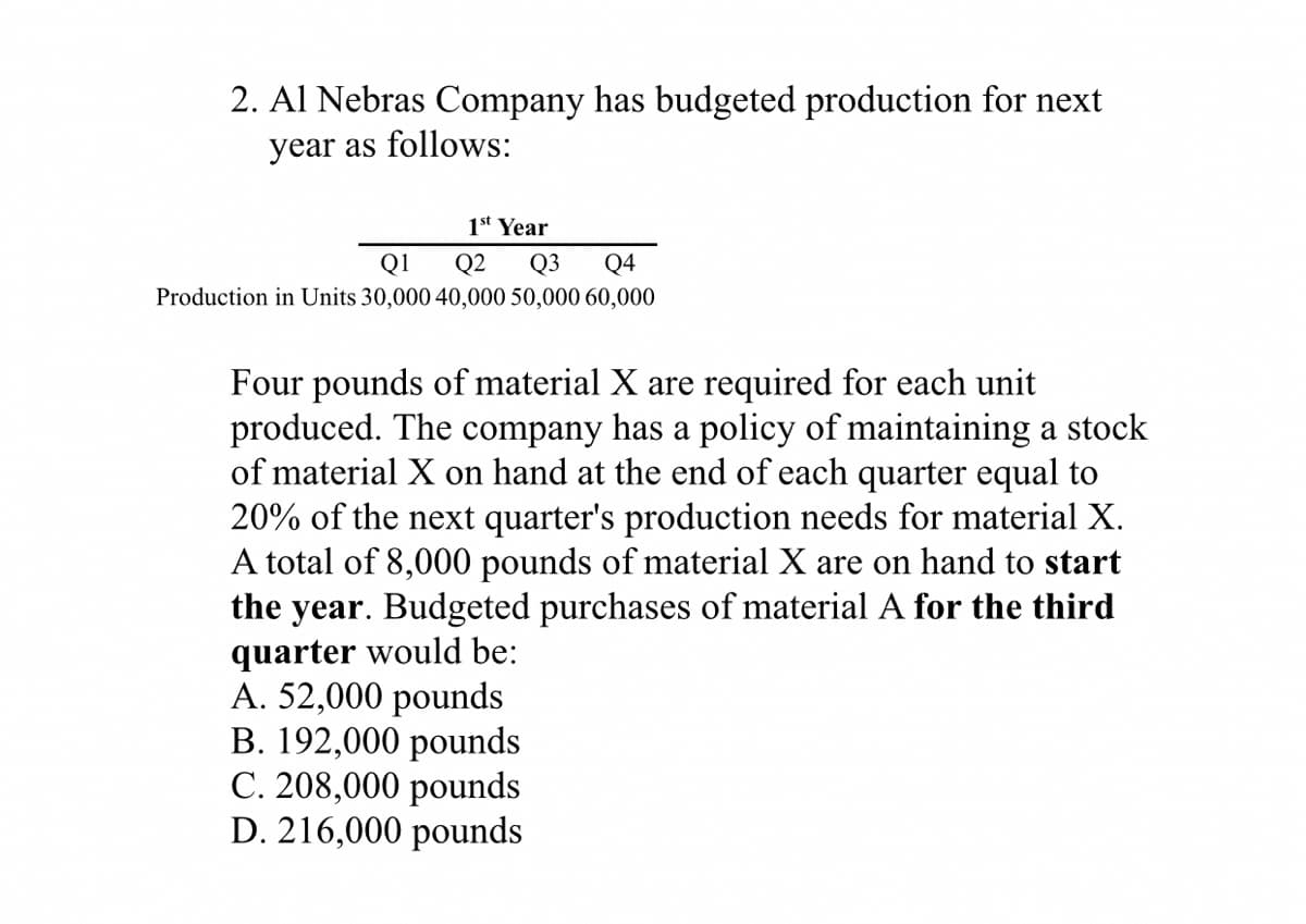 2. Al Nebras Company has budgeted production for next
year as follows:
1st Year
Q1
Q2
Q3
Q4
Production in Units 30,000 40,000 50,000 60,000
Four pounds of material X are required for each unit
produced. The company has a policy of maintaining a stock
of material X on hand at the end of each quarter equal to
20% of the next quarter's production needs for material X.
A total of 8,000 pounds of material X are on hand to start
the year. Budgeted purchases of material A for the third
quarter would be:
A. 52,000 pounds
B. 192,000 pounds
C. 208,000 pounds
D. 216,000 pounds
