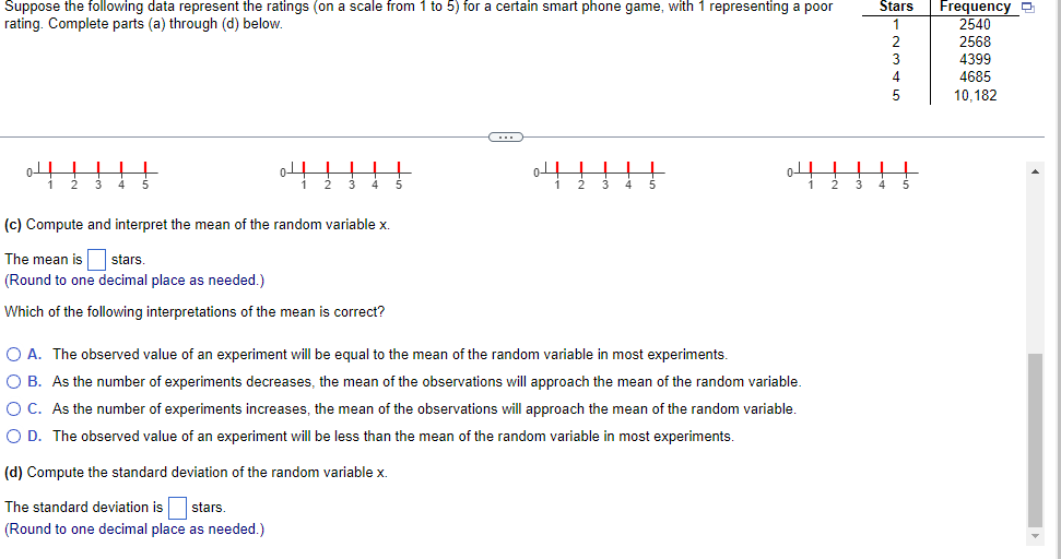 Stars
Suppose the following data represent the ratings (on a scale from 1 to 5) for a certain smart phone game, with 1 representing a poor
rating. Complete parts (a) through (d) below.
Frequency
2540
2568
4399
4685
4.
10,182
(c) Compute and interpret the mean of the random variable x.
The mean is stars.
(Round to one decimal place as needed.)
Which of the following interpretations of the mean is correct?
O A. The observed value of an experiment will be equal to the mean of the random variable in most experiments.
O B. As the number of experiments decreases, the mean of the observations will approach the mean of the random variable.
O C. As the number of experiments increases, the mean of the observations will approach the mean of the random variable.
O D. The observed value of an experiment will be less than the mean of the random variable in most experiments.
(d) Compute the standard deviation of the random variable x.
The standard deviation is stars.
(Round to one decimal place as needed.)
