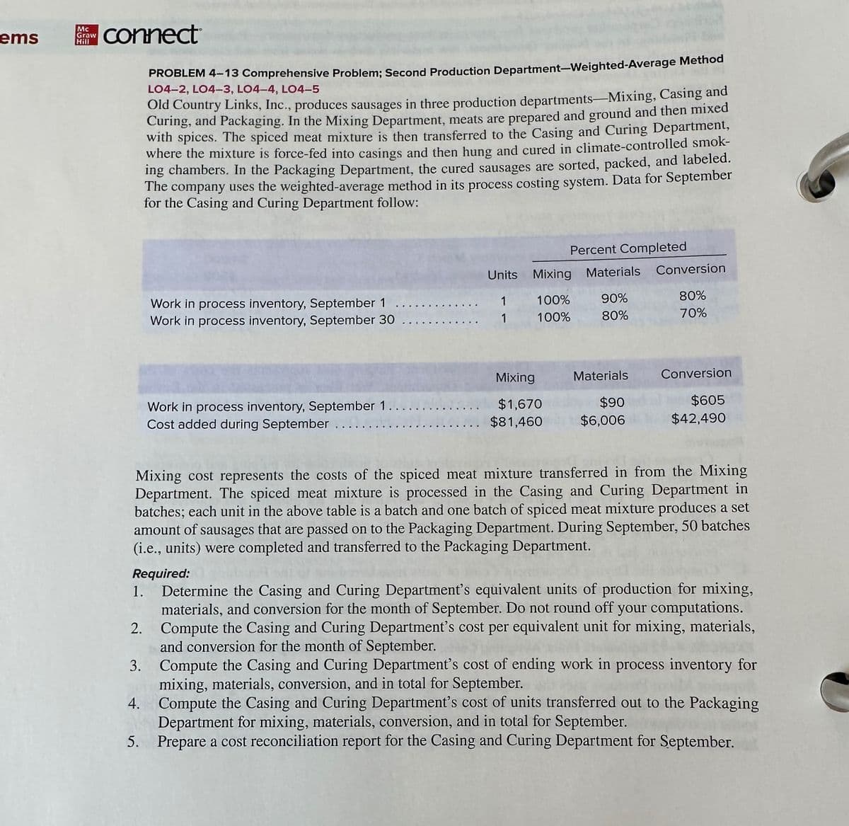 ems
Mc
Graw
Hill
connect®
PROBLEM 4-13 Comprehensive Problem; Second Production Department-Weighted-Average Method
LO4-2, LO4-3, LO4-4, LO4-5
Old Country Links, Inc., produces sausages in three production departments-Mixing, Casing and
Curing, and Packaging. In the Mixing Department, meats are prepared and ground and then mixed
with spices. The spiced meat mixture is then transferred to the Casing and Curing Department,
where the mixture is force-fed into casings and then hung and cured in climate-controlled smok-
ing chambers. In the Packaging Department, the cured sausages are sorted, packed, and labeled.
The company uses the weighted-average method in its process costing system. Data for September
for the Casing and Curing Department follow:
Work in process inventory, September 1....
Work in process inventory, September 30
Work in process inventory, September 1.
Cost added during September
Percent Completed
Units Mixing Materials Conversion
1
100%
90%
80%
1
100%
80%
70%
Mixing
$1,670
$81,460
Materials
$90
$6,006
Conversion
$605
$42,490
Mixing cost represents the costs of the spiced meat mixture transferred in from the Mixing
Department. The spiced meat mixture is processed in the Casing and Curing Department in
batches; each unit in the above table is a batch and one batch of spiced meat mixture produces a set
amount of sausages that are passed on to the Packaging Department. During September, 50 batches
(i.e., units) were completed and transferred to the Packaging Department.
Required:
1. Determine the Casing and Curing Department's equivalent units of production for mixing,
materials, and conversion for the month of September. Do not round off your computations.
Compute the Casing and Curing Department's cost per equivalent unit for mixing, materials,
and conversion for the month of September.
Compute the Casing and Curing Department's cost of ending work in process inventory for
mixing, materials, conversion, and in total for September.
2.
3.
4.
Compute the Casing and Curing Department's cost of units transferred out to the Packaging
Department for mixing, materials, conversion, and in total for September.
5. Prepare a cost reconciliation report for the Casing and Curing Department for September.