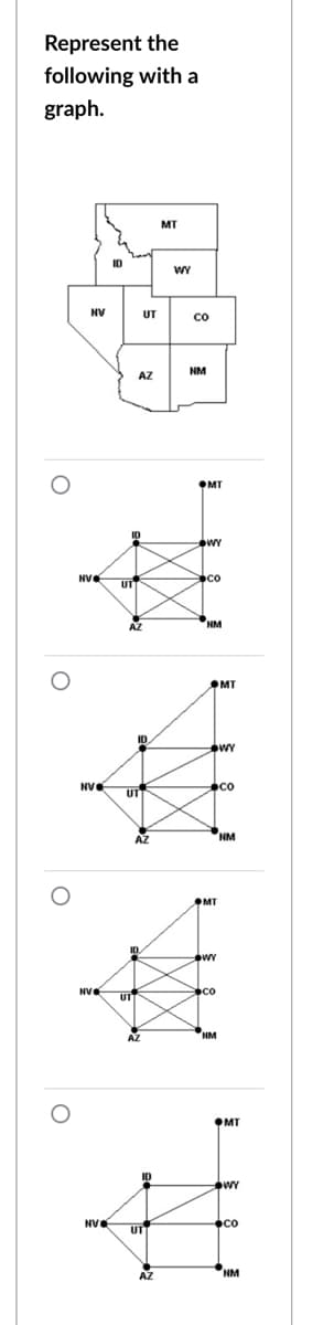 Represent the
following with a
graph.
MT
ID
WY
NV
UT
co
NM
AZ
MT
NV
UT
co
AZ
NM
MT
ID
WY
NVE
UT
co
NM
AZ
MT
NVe
UT
co
AZ
NM
OMT
ID
NVe
UT
co
NM
AZ
