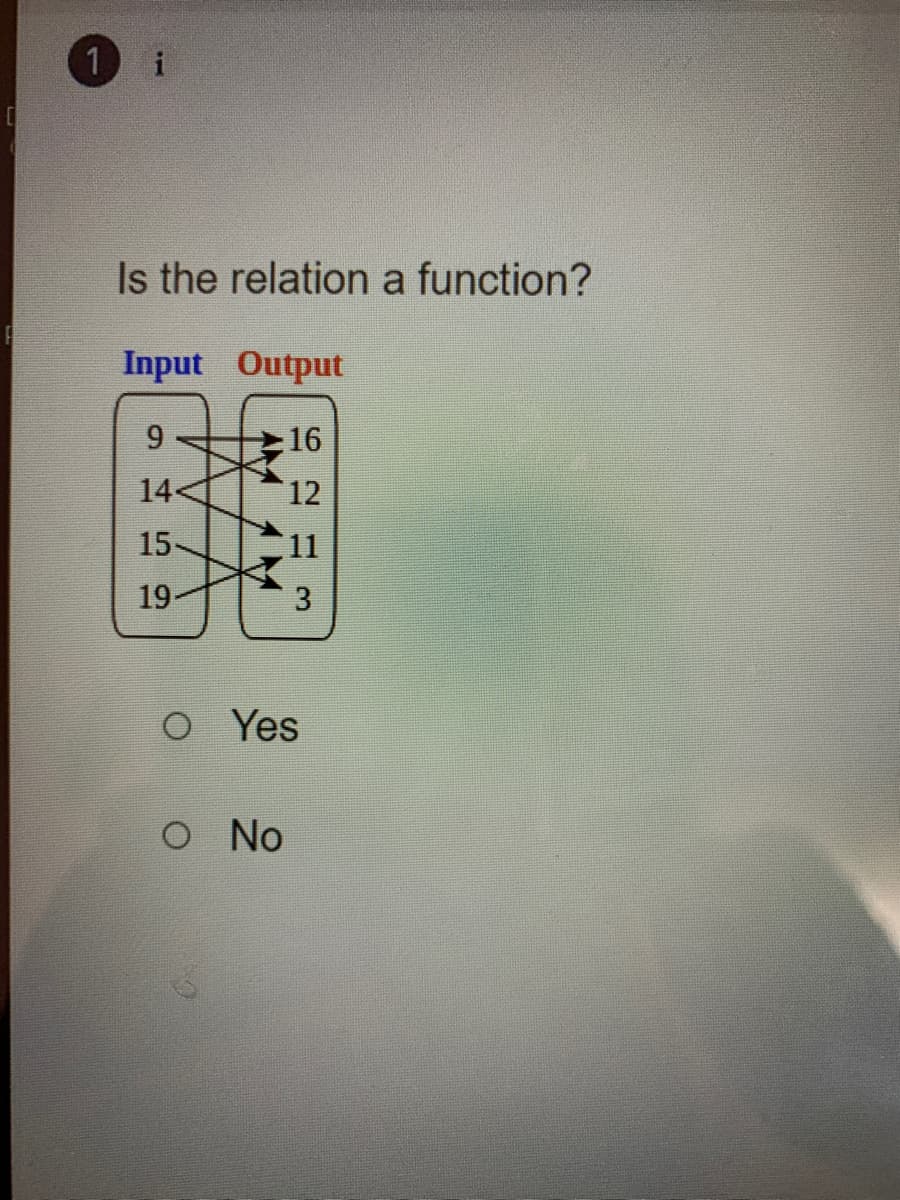1 i
Is the relation a function?
Input Output
9.
16
14
12
15-
11
19
O Yes
O No
3.
