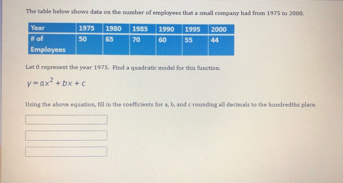 The table below shows data on the number of employees that a small company had from 1975 to 2000.
Year
1975
1980
1985
1990
1995
2000
# of
50
65
70
60
55
44
Employees
Let 0 represent the year 1975. Find a quadratic model for this function.
.2
y = ax + bx + c
Using the above equation, fill in the coefficients for a, b, and c rounding all decimals to the hundredths place.
