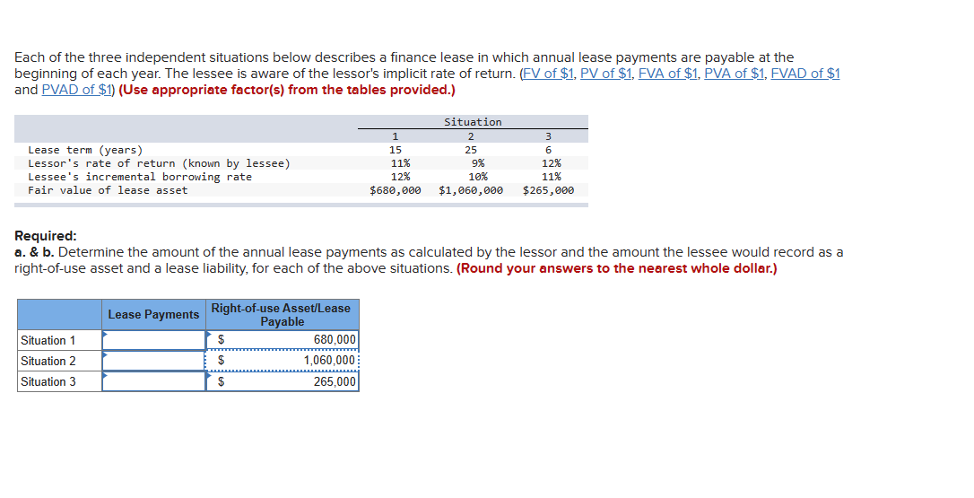 Each of the three independent situations below describes a finance lease in which annual lease payments are payable at the
beginning of each year. The lessee is aware of the lessor's implicit rate of return. (FV of $1, PV of $1, FVA of $1, PVA of $1, FVAD of $1
and PVAD of $1) (Use appropriate factor(s) from the tables provided.)
Lease term (years)
Lessor's rate of return (known by lessee)
Lessee's incremental borrowing rate
Fair value of lease asset
Situation 1
Situation 2
Situation 3
Lease Payments Right-of-use Asset/Lease
Payable
$
$
1
15
680,000
1,060,000
265,000
11%
12%
$680,000
Required:
a. & b. Determine the amount of the annual lease payments as calculated by the lessor and the amount the lessee would record as a
right-of-use asset and a lease liability, for each of the above situations. (Round your answers to the nearest whole dollar.)
Situation
2
25
9%
10%
$1,060,000
3
6
12%
11%
$265,000