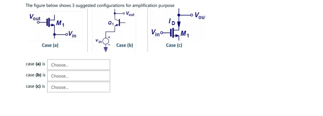 The figure below shows 3 suggested configurations for amplification purpose
Vout
Vout M₁
Case (a)
case (a) is
case (b) is
case (c) is
oVin
Choose...
Choose...
Choose...
Q₁
Case (b)
Vino
M₁
Case (c)
Vout