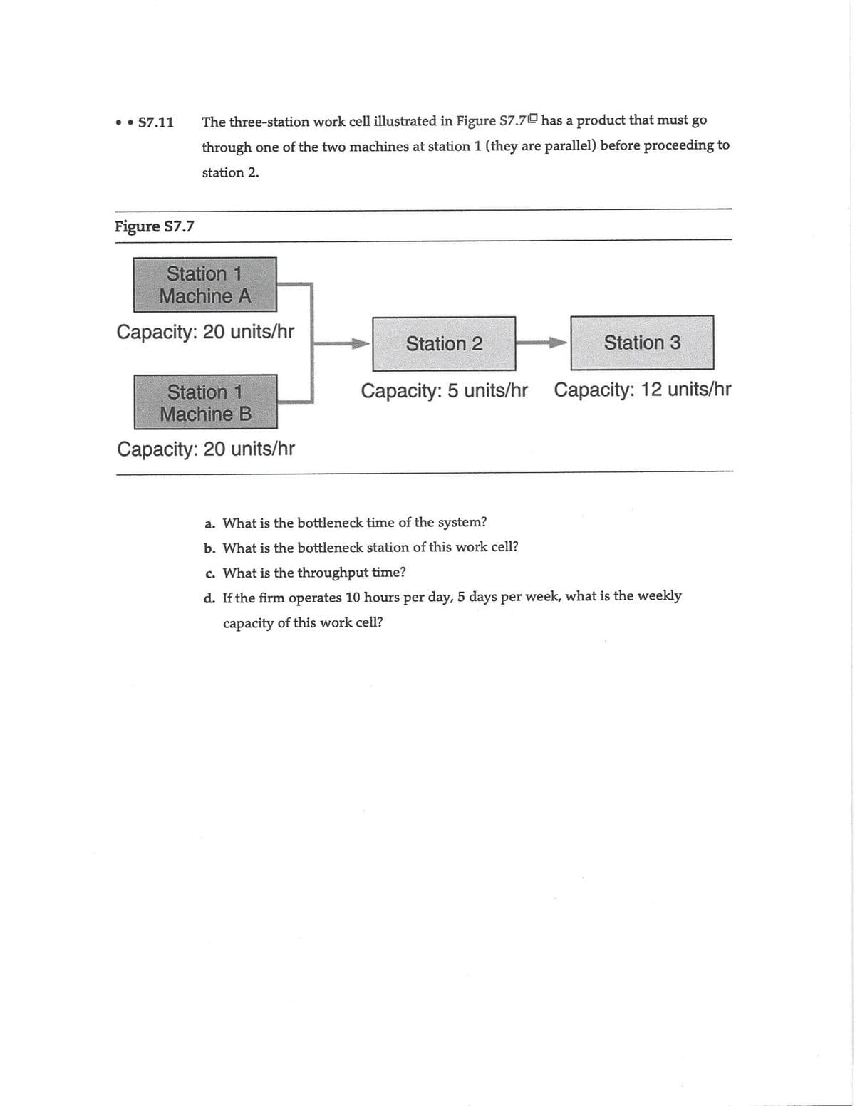 •• S7.11
The three-station work cell illustrated in Figure S7.70 has a product that must go
through one of the two machines at station 1 (they are parallel) before proceeding to
station 2.
Figure S7.7
Station 1
Machine A
Capacity: 20 units/hr
Station 2
Station 3
Station 1
Machine B
Capacity: 5 units/hr Capacity: 12 units/hr
Capacity: 20 units/hr
a. What is the bottleneck time of the system?
b. What is the bottleneck station of this work cell?
c. What is the throughput time?
d. If the firm operates 10 hours per day, 5 days per week, what is the weekly
capacity of this work cell?
