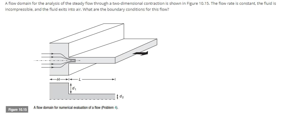 A flow domain for the analysis of the steady flow through a two-dimensional contraction is shown in Figure 10.15. The flow rate is constant, the fluid is
incompressible, and the fluid exits into air. What are the boundary conditions for this flow?
H +L
d,
A flow domain for numerical evaluation of a flow (Problem 4).
Figure 10.15
