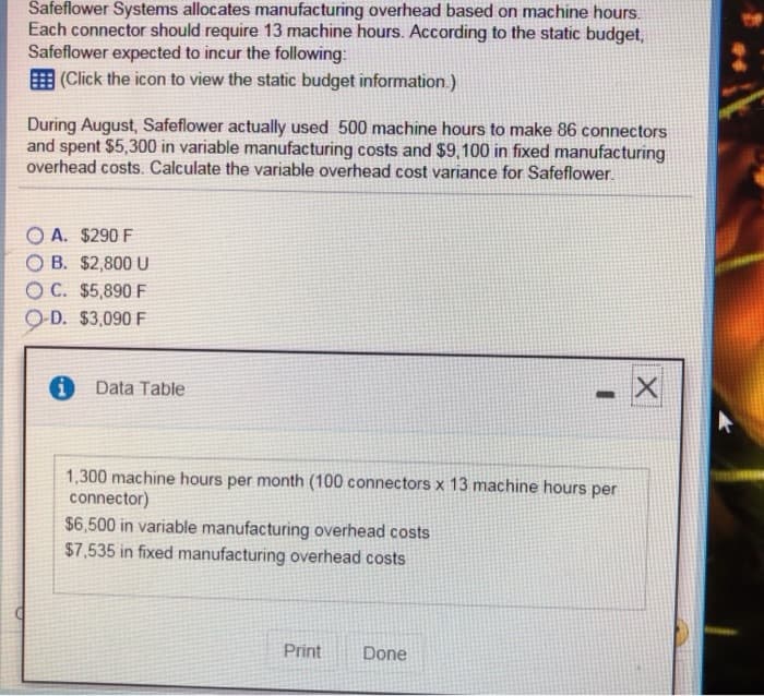 Safeflower Systems allocates manufacturing overhead based on machine hours.
Each connector should require 13 machine hours. According to the static budget,
Safeflower expected to incur the following:
(Click the icon to view the static budget information.)
During August, Safeflower actually used 500 machine hours to make 86 connectors
and spent $5,300 in variable manufacturing costs and $9,100 in fixed manufacturing
overhead costs. Calculate the variable overhead cost variance for Safeflower.
A. $290 F
OB. $2,800 U
OC. $5,890 F
O-D. $3,090 F
Data Table
1,300 machine hours per month (100 connectors x 13 machine hours per
connector)
$6,500 in variable manufacturing overhead costs
$7,535 in fixed manufacturing overhead costs
Print
Done
X