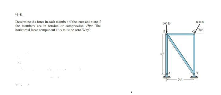 *6-8.
Determine the force in each member of the truss and state if
800 Ib
600 lb
the members are in tension or compression. Hint: The
horizontal force component at A must be zero. Why?
B
4 ft
3 ft
