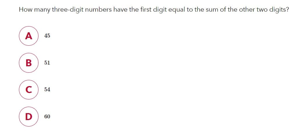 How many three-digit numbers have the first digit equal to the sum of the other two digits?
A
45
В
51
C
54
60
