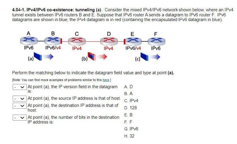 4.04-1. IPV4/IPV6 co-existence: tunneling (a). Consider the mixed IPV4/IPV6 network shown below, where an IPV4
tunnel exists between IPV6 routers B and E. Suppose that IPV6 router A sends a datagram to IPV6 router F. IPV6
datagrams are shown in blue; the IPV4 datagram is in red (containing the encapsulated IPV6 datagram in blue).
A
B
C
D
E
F
IPV6
IPV6/v4
IPV4
IPV4
IPV6/v4
IPV6
(a)
(b)
(c)
Perform the matching below to indicate the datagram field value and type at point (a).
[Note: You can find more examples of problems similar to this here)
At point (a), the IP version field in the datagram A. D
is:
At point (a), the source IP address is that of host
At point (a), the destination IP address is that of
В. А
C. IPV4
host
D. 128
E. B
At point (a), the number of bits in the destination
F. F
IP address is:
G. IPV6
Н. 32
