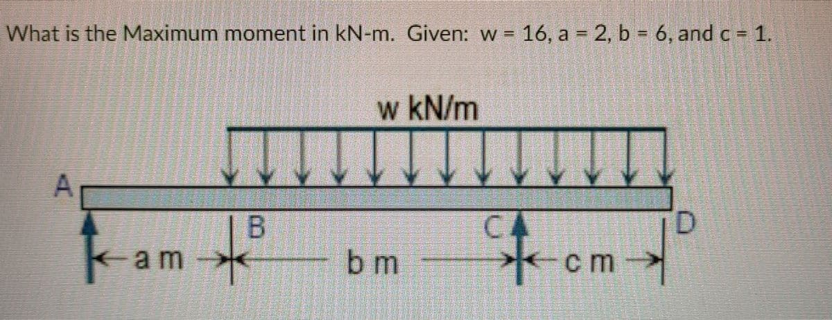 What is the Maximum moment in kN-m. Given: w = 16, a =2, b 6, and c = 1.
%3D
w kN/m
B
-am
em-
bm
A.
