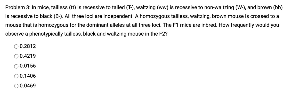 Problem 3: In mice, tailless (tt) is recessive to tailed (T-), waltzing (ww) is recessive to non-waltzing (W-), and brown (bb)
is recessive to black (B-). All three loci are independent. A homozygous tailless, waltzing, brown mouse is crossed to a
mouse that is homozygous for the dominant alleles at all three loci. The F1 mice are inbred. How frequently would you
observe a phenotypically tailless, black and waltzing mouse in the F2?
0.2812
0.4219
0.0156
O 0.1406
O 0.0469
