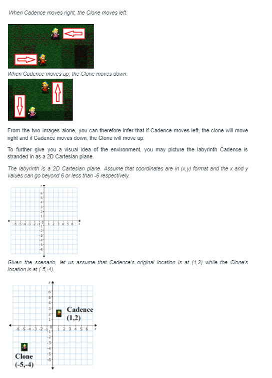 When Cadence moves right, the Clone moves left.
When Cadence moves up, the Clone moves down.
4
From the two images alone, you can therefore infer that if Cadence moves left, the clone will move
right and if Cadence moves down, the Clone will move up.
To further give you a visual idea of the environment, you may picture the labyrinth Cadence is
stranded in as a 2D Cartesian plane.
The labyrinth is a 2D Cartesian plane. Assume that coordinates are in (x,y) format and the x and y
values can go beyond 6 or less than -6 respectively.
65 -3
6
31
4
Clone
(-5,-4)
-1
21
31
4
+5+
4
-6-5-4-3-2
12
Given the scenario, let us assume that Cadence's original location is at (1,2) while the Clone's
location is at (-5,-4).
6
5
-2
-31
4
+5
-6-
Cadence
(1,2)
45