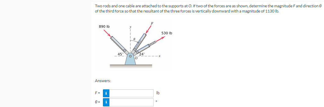 Two rods and one cable are attached to the supports at O. If two of the forces are as shown, determine the magnitude Fand direction e
of the third force so that the resultant of the three forces is vertically downward with a magnitude of 1130 lb.
890 lb
530 lb
45
24
Answers:
F =
i
Ib
e = i
