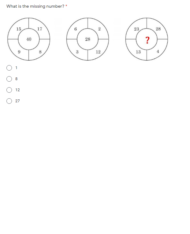 What is the missing number? *
15
17
23
28
?
40
28
9.
3
12
13
O 1
8.
12
27
4.
2.
