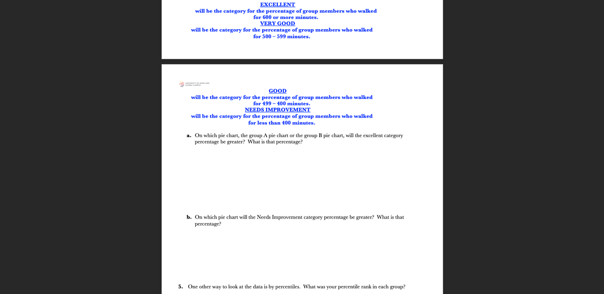 EXCELLENT
will be the category for the percentage of group members who walked
for 600 or more minutes.
VERY GOOD
will be the category for the percentage of group members who walked
for 500 – 599 minutes.
UNIVERSITY OF MARYLAND
GLOBAL CAMPUS
GOOD
will be the category for the percentage of group members who walked
for 499 – 400 minutes.
NEEDS IMPROVEMENT
will be the category for the percentage of group members who walked
for less than 400 minutes.
a. On which pie chart, the group A pie chart or the group B pie chart, will the excellent category
percentage be greater? What is that percentage?
b. On which pie chart will the Needs Improvement category percentage be greater? What is that
percentage?
5. One other way to look at the data is by percentiles. What was your percentile rank in each group?
