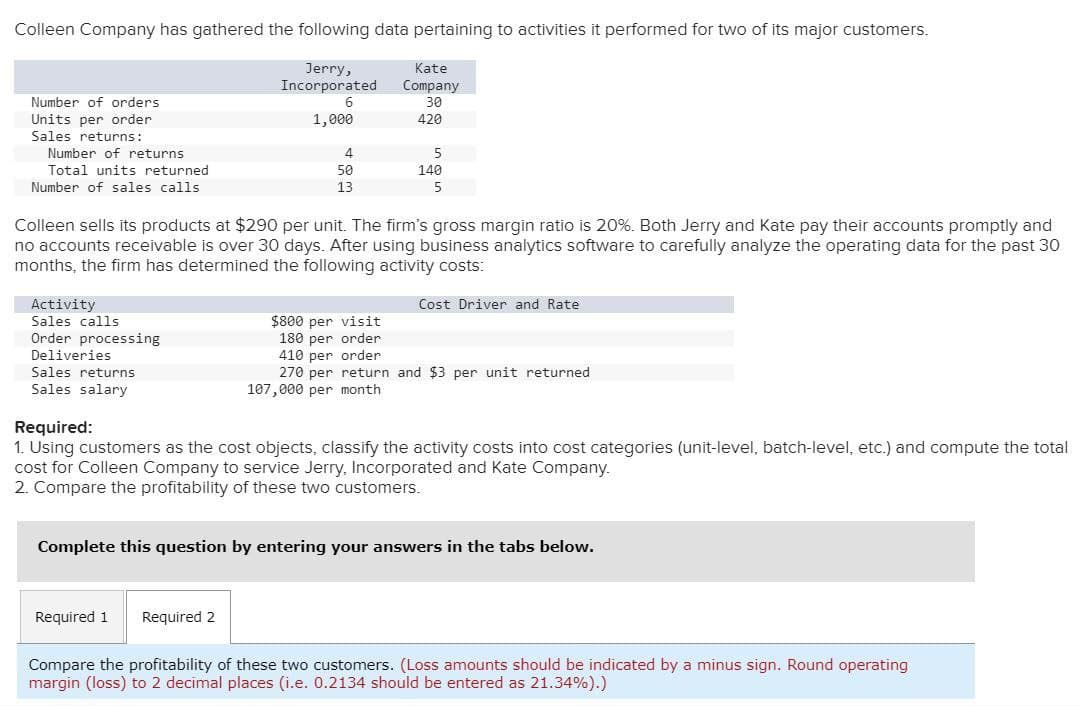 Colleen Company has gathered the following data pertaining to activities it performed for two of its major customers.
Number of orders
Units per order
Sales returns:
Number of returns
Total units returned
Number of sales calls
Jerry,
Incorporated
Kate
Company
6
30
1,000
420
4
5
50
13
140
5
Colleen sells its products at $290 per unit. The firm's gross margin ratio is 20%. Both Jerry and Kate pay their accounts promptly and
no accounts receivable is over 30 days. After using business analytics software to carefully analyze the operating data for the past 30
months, the firm has determined the following activity costs:
Activity
Sales calls
Cost Driver and Rate
$800 per visit
Order processing
Deliveries
Sales returns
Sales salary
Required:
180 per order
410 per order
270 per return and $3 per unit returned
107,000 per month
1. Using customers as the cost objects, classify the activity costs into cost categories (unit-level, batch-level, etc.) and compute the total
cost for Colleen Company to service Jerry, Incorporated and Kate Company.
2. Compare the profitability of these two customers.
Complete this question by entering your answers in the tabs below.
Required 1
Required 2
Compare the profitability of these two customers. (Loss amounts should be indicated by a minus sign. Round operating
margin (loss) to 2 decimal places (i.e. 0.2134 should be entered as 21.34%).)