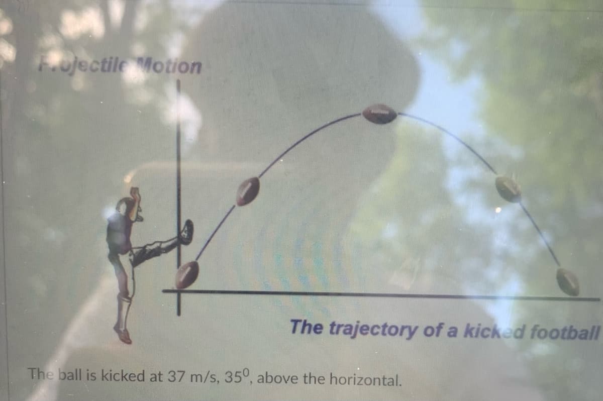 **Projectile Motion**

*The Trajectory of a Kicked Football*

![Illustration of projectile motion of a football](insert-placeholder-url-here)

In this illustration, a football is being kicked, demonstrating its path or trajectory through the air. The diagram shows the football at different points along its parabolic flight path.

### Key Points:

1. **Initial Kick**: 
   - The ball is kicked with an initial speed of 37 meters per second (m/s) at an angle of 35 degrees above the horizontal plane.
   
2. **Parabolic Trajectory**:
   - The football follows a curved path, which is typical of projectile motion under the influence of gravity. 
   - The highest point of the parabola represents the peak of the ball's flight.
   
3. **Horizontal and Vertical Components**:
   - The motion can be broken down into horizontal (constant velocity) and vertical (acceleration due to gravity) components.
   
### Analysis:

- **Initial Velocity** (0 sec):
  The ball leaves the kicker's foot with a velocity directed at an angle of 35 degrees.
  
- **Peak of Trajectory**:
  The football reaches the maximum height when the vertical component of its velocity becomes zero.
  
- **Descent**:
  After reaching the peak, the ball descends, with the vertical component of the velocity increasing in the downward direction due to gravity, until it hits the ground.

Understanding the trajectory of a kicked football can help us appreciate the factors that influence projectile motion. This knowledge is applicable in various sports and engineering contexts.

*The ball is kicked at 37 m/s, 35° above the horizontal.*