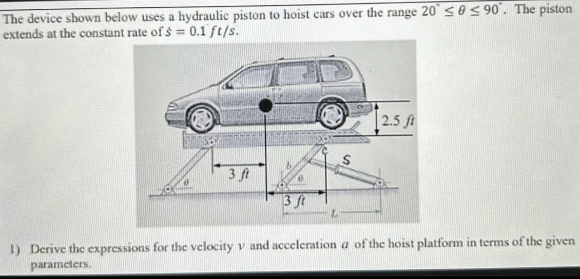 The device shown below uses a hydraulic piston to hoist cars over the range 20 ≤0 ≤ 90. The piston
extends at the constant rate of $ = 0.1 ft/s.
3 ft
0
3 ft
C
L
S
2.5 ft
1) Derive the expressions for the velocity v and acceleration a of the hoist platform in terms of the given
parameters.