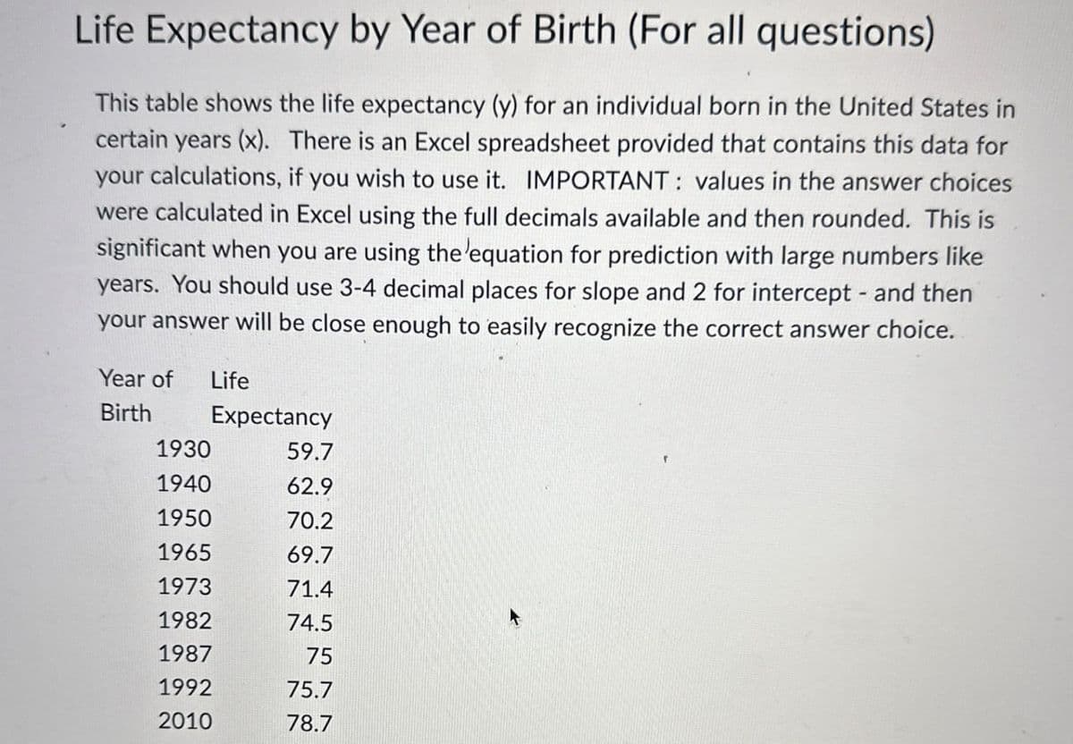 Life Expectancy by Year of Birth (For all questions)
This table shows the life expectancy (y) for an individual born in the United States in
certain years (x). There is an Excel spreadsheet provided that contains this data for
your calculations, if you wish to use it. IMPORTANT: values in the answer choices
were calculated in Excel using the full decimals available and then rounded. This is
significant when you are using the equation for prediction with large numbers like
years. You should use 3-4 decimal places for slope and 2 for intercept - and then
your answer will be close enough to easily recognize the correct answer choice.
Year of Life
Birth
Expectancy
1930
59.7
1940
62.9
1950
70.2
1965
69.7
1973
71.4
1982
74.5
1987
75
1992
75.7
2010
78.7