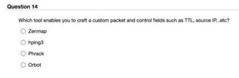 Question 14
Which tool enables you to craft a custom packet and control fields such as TTL, source IP...etc?
Zenmap
hping3
Phrack
Orbot