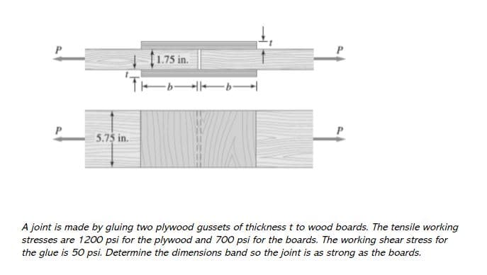 f1.75 in.
5.75 in.
A joint is made by gluing two plywood gussets of thickness t to wood boards. The tensile working
stresses are 1200 psi for the plywood and 700 psi for the boards. The working shear stress for
the glue is 50 psi. Determine the dimensions band so the joint is as strong as the boards.
