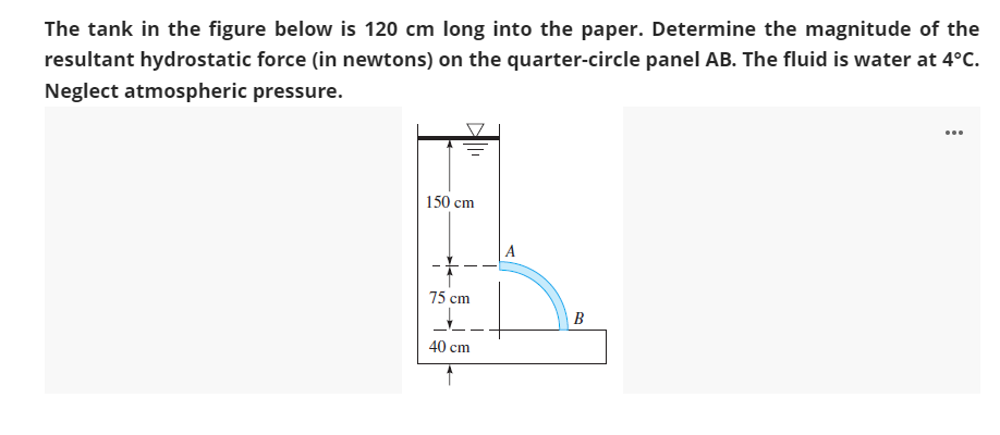 The tank in the figure below is 120 cm long into the paper. Determine the magnitude of the
resultant hydrostatic force (in newtons) on the quarter-circle panel AB. The fluid is water at 4°C.
Neglect atmospheric pressure.
150 cm
75 cm
40 cm
B