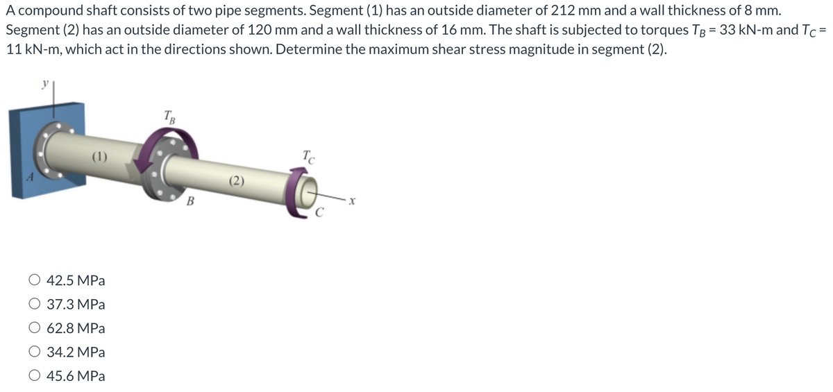 A compound shaft consists of two pipe segments. Segment (1) has an outside diameter of 212 mm and a wall thickness of 8 mm.
Segment (2) has an outside diameter of 120 mm and a wall thickness of 16 mm. The shaft is subjected to torques TB = 33 kN-m and Tc =
11 kN-m, which act in the directions shown. Determine the maximum shear stress magnitude in segment (2).
(1)
42.5 MPa
37.3 MPa
62.8 MPa
34.2 MPa
O 45.6 MPa
TB
B
Tc