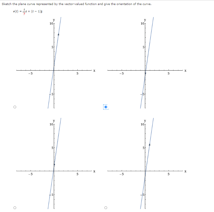 Sketch the plane curve represented by the vector-valued function and give the orientation of the curve.
r(t) = i + (t− 1)j
O
O
-5
-5
y
10p
y
10
5
5
5
X
X
O
-5
-5
10
5
y
10
5
5
10
5
X
X