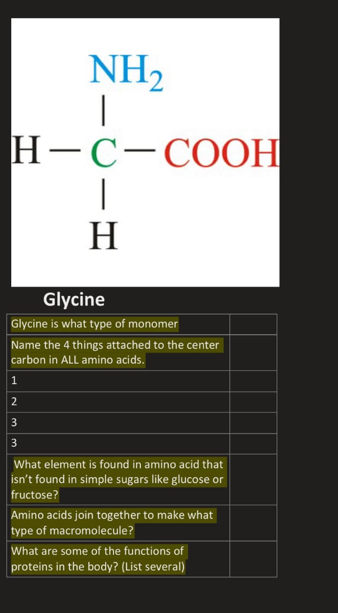 NH2
|
Н-С-СООН
|
H
Glycine
Glycine is what type of monomer
Name the 4 things attached to the center
carbon in ALL amino acids.
1
3
3
What element is found in amino acid that
isn't found in simple sugars like glucose or
fructose?
Amino acids join together to make what
type of macromolecule?
What are some of the functions of
proteins in the body? (List several)
