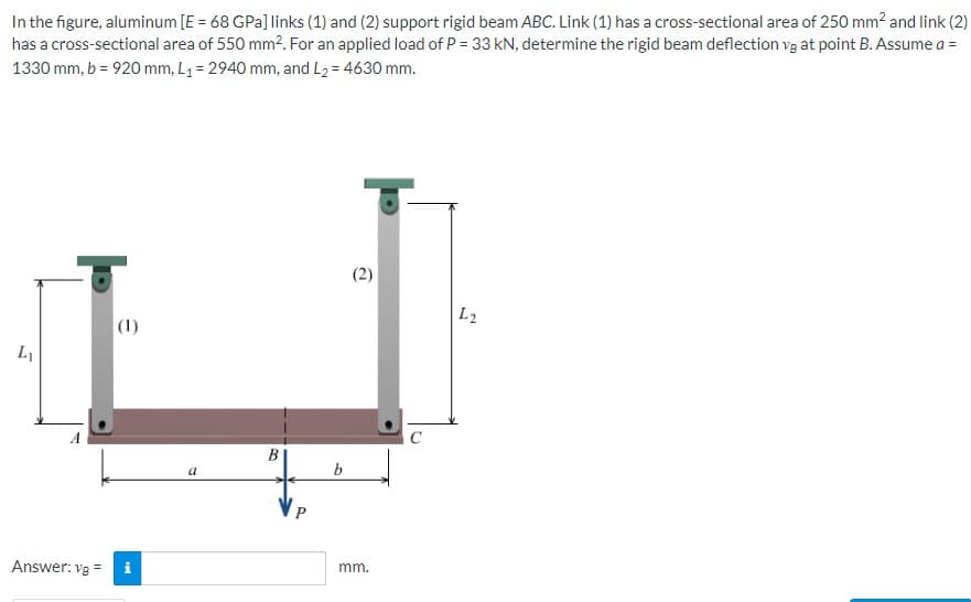 In the figure, aluminum [E = 68 GPa] links (1) and (2) support rigid beam ABC. Link (1) has a cross-sectional area of 250 mm² and link (2)
has a cross-sectional area of 550 mm². For an applied load of P = 33 kN, determine the rigid beam deflection vg at point B. Assume a =
1330 mm, b = 920 mm, L₁= 2940 mm, and L₂ = 4630 mm.
L₁
Answer: VB =
(1)
i
a
B
P
b
mm.
L2