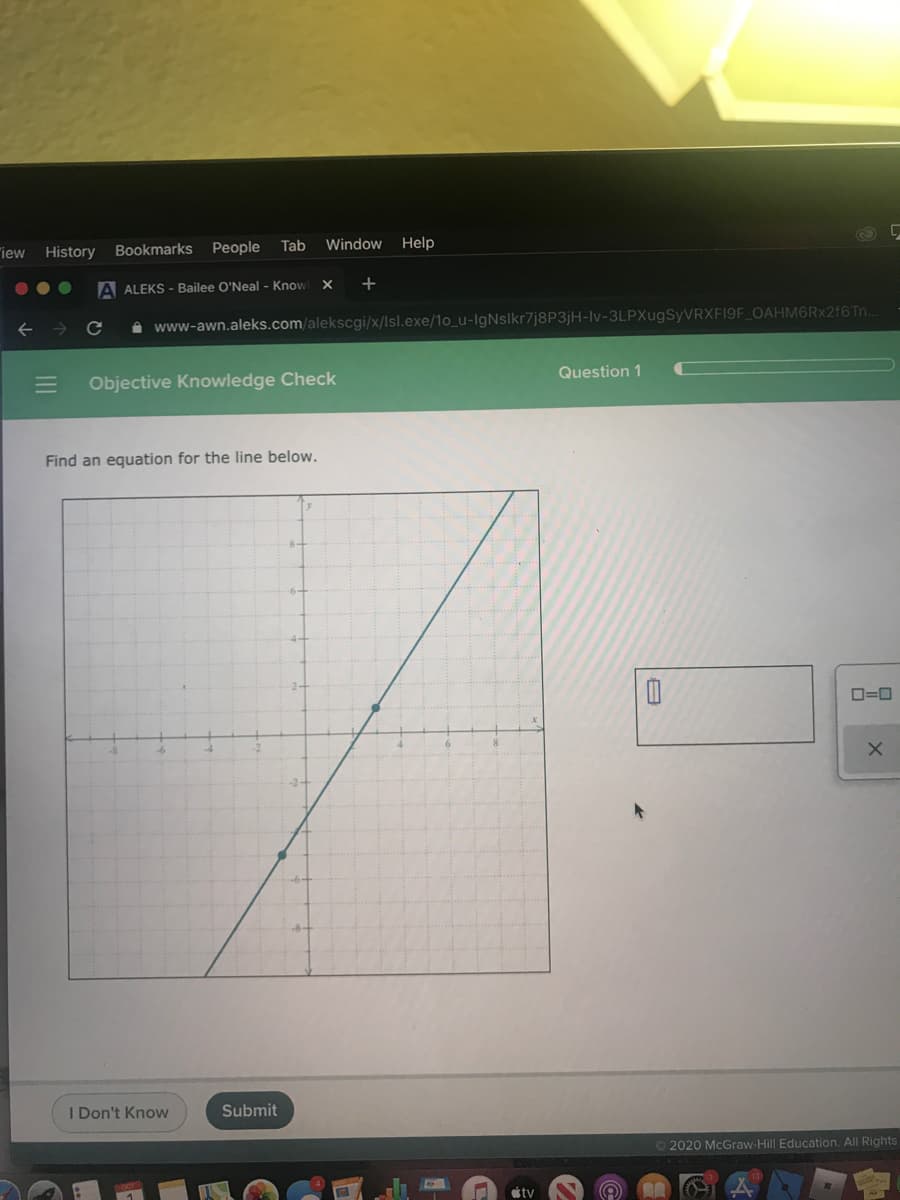 "iew
History
Bookmarks
People
Tab
Window Help
A ALEKS - Bailee O'Neal - Know
+
A www-awn.aleks.com/alekscgi/x/Isl.exe/1o_u-IgNslkr7j8P3jH-lv-3LPXugSyVRXF19F_OAHM6Rx2f6Tn..
Objective Knowledge Check
Question 1
Find an equation for the line below.
ロ=ロ
-2-
I Don't Know
Submit
©2020 McGraw-Hill Education. All Rights
itv
