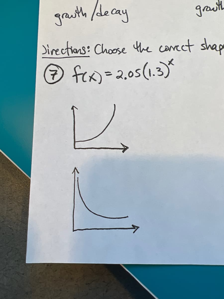 grauth Adecay
grawth
Jirections: Choose the comect shape
frx)=2,05(1.3)
