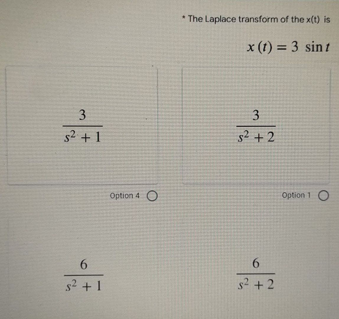 3
s² + 1
6
s² + 1
Option 4 O
* The Laplace transform of the x(t) is
x (t) = 3 sint
3
s²+2
6
s² +2
Option 1 O