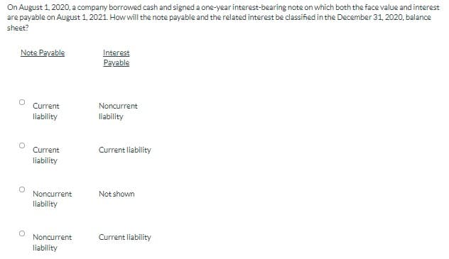 On August 1, 2020, a company borrowed cash and signed a one-year interest-bearing note on which both the face value and interest
are payable on August 1, 2021. Howwill the note payable and the related interest be dlassified in the December 31, 2020, balance
sheet?
Note Payable
Interest
Payable
Current
Noncurrent
liability
liability
Current
Current liability
liability
Noncurrent
Not shown
liability
Noncurrent
Current liability
liability
