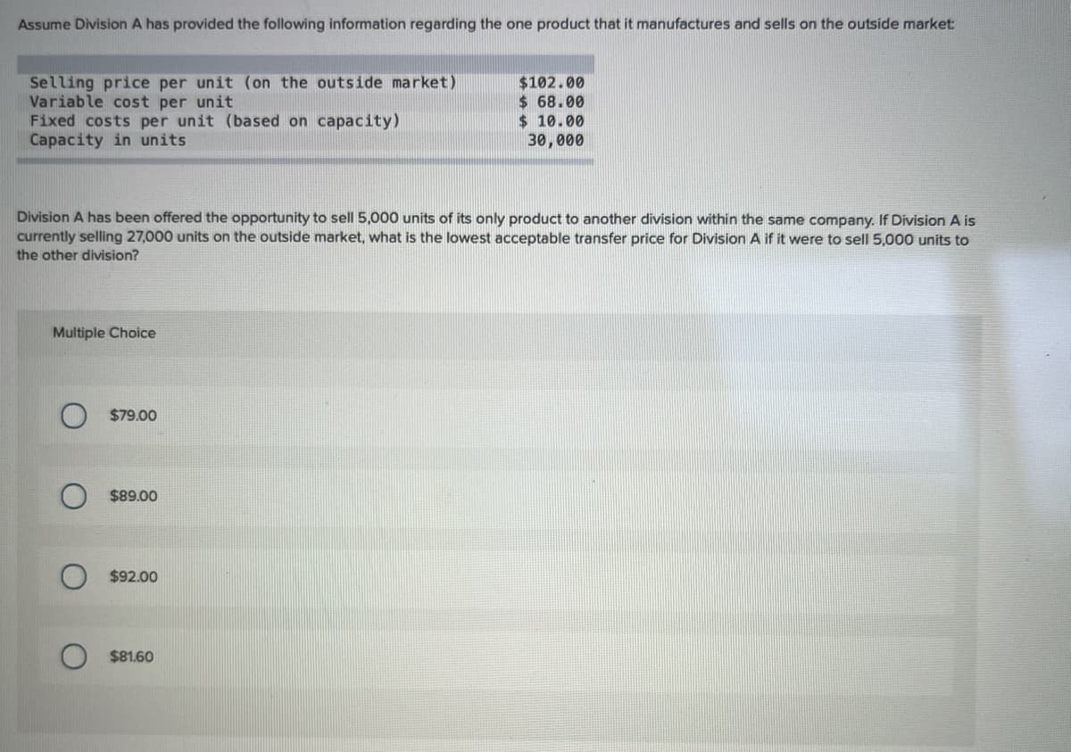 Assume Division A has provided the following information regarding the one product that it manufactures and sells on the outside market
Selling price per unit (on the outside market)
Variable cost per unit
Fixed costs per unit (based on capacity)
Capacity in units
$102.00
$ 68.00
$ 10.00
30,000
Division A has been offered the opportunity to sell 5,000 units of its only product to another division within the same company. If Division A is
currently selling 27,000 units on the outside market, what is the lowest acceptable transfer price for Division A if it were to sell 5,000 units to
the other division?
Multiple Choice
$79.00
$89.00
$92.00
$81.60
