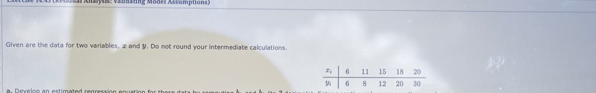 Analysis: valndating Model Assumptions)
Given are the data for two variables, x and y. Do not round your intermediate calculations.
6
11
15 18 20
Yi
6
8
12 20
30
a. Develop an estimated
