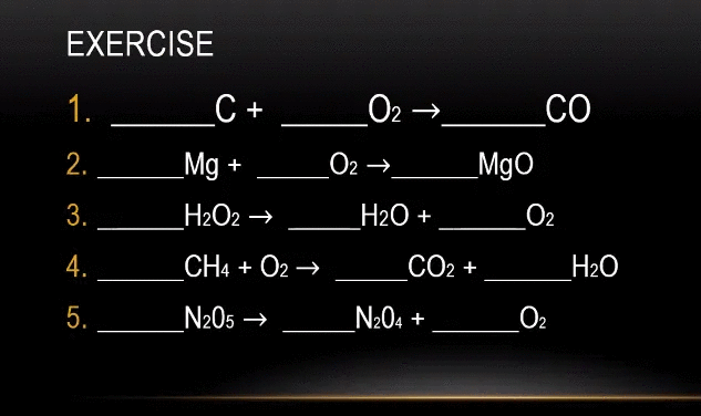 EXERCISE
1.
C +
O2 →
_CO
2.
Mg +
O2 →
_MgO
3.
H2O2 →
H2O +
O2
4.
CH4 + O2 →
CO2 +
H2O
5.
N205 →
N2O4 +
