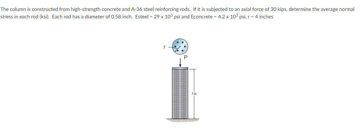 The column is constructed from high-strength concrete and A-36 steel reinforcing rods. If it is subjected to an axial force of 30 kips, determine the average normal
stress in each rod (ksi). Each rod has a diameter of 0.58 inch. Esteel = 29 x 103 psi and Econcrete = 4.2 x 103 psi, r = 4 inches
P
3 ft
