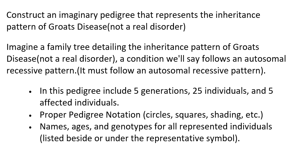 Construct an imaginary pedigree that represents the inheritance
pattern of Groats Disease (not a real disorder)
Imagine a family tree detailing the inheritance pattern of Groats
Disease (not a real disorder), a condition we'll say follows an autosomal
recessive pattern. (It must follow an autosomal recessive pattern).
•
•
In this pedigree include 5 generations, 25 individuals, and 5
affected individuals.
Proper Pedigree Notation (circles, squares, shading, etc.)
Names, ages, and genotypes for all represented individuals
(listed beside or under the representative symbol).