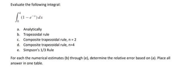 Evaluate the following integral:
fa1-e²³)dx
a. Analytically
b. Trapezoidal rule
c. Composite trapezoidal rule, n = 2
d. Composite trapezoidal rule, n=4
e. Simpson's 1/3 Rule
For each the numerical estimates (b) through (e), determine the relative error based on (a). Place all
answer in one table.