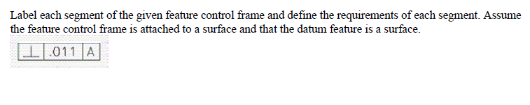 Label each segment of the given feature control frame and define the requirements of each segment. Assume
the feature control frame is attached to a surface and that the datum feature is a surface.
I|.011 |A|
