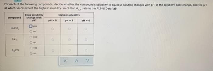 For
each of the following compounds, decide whether the compound's solubility in aqueous solution changes with pH. If the solubility does change, pick the pH
at which you'd expect the highest solubility. You'll find K,, data in the ALEKS Data tab.
compound
CaCO,
Cal,
AgCN
Does solubility
change with
PHY
Oves
Ⓒyes
O no
Ⓒyes
One
pH=9
O
highest solubility
pH = 8
X
O
O
pH = 6
O
?