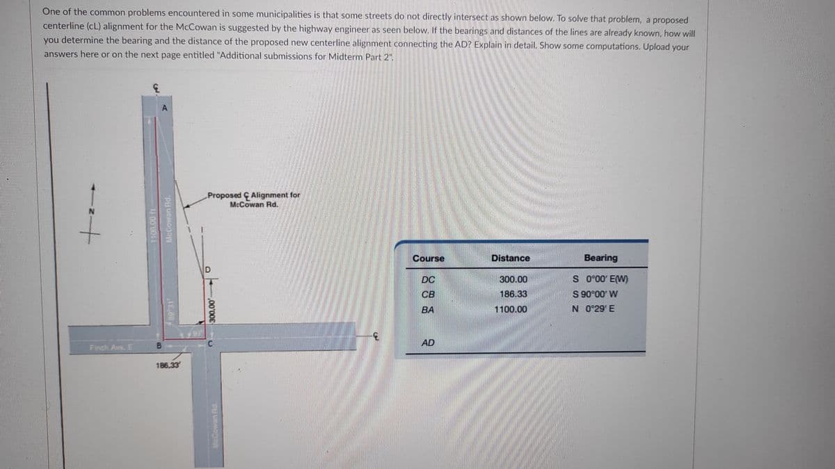 One of the common problems encountered in some municipalities is that some streets do not directly intersect as shown below. To solve that problem, a proposed
centerline (CL) alignment for the McCowan is suggested by the highway engineer as seen below. If the bearings and distances of the lines are already known, how will
you determine the bearing and the distance of the proposed new centerline alignment connecting the AD? Explain in detail. Show some computations. Upload your
answers here or on the next page entitled "Additional submissions for Midterm Part 2".
+
Finch Ave. E
11000011
A
B
McCowan Ad.
186.33
Proposed Alignment for
McCowan Rd.
D
300,00
C
McGowan Rd.
Course
DO
CB
BA
AD
Distance
300.00
186.33
1100.00
Bearing
S 0°00' E(W)
S 90°00' W
N 0°29 E