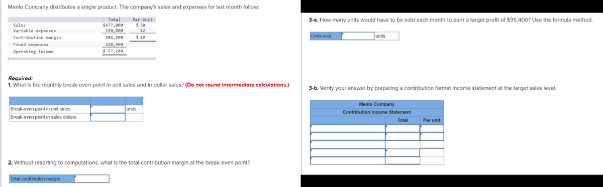 Menlo Company distributes a single product. The company's sales and expenses for last month follow:
Total
$477,000
190,800
Per Unit
$ 30
12
286,200
$18
228,960
$ 57,240
Sales
Variable expenses
Contribution margin
Fixed expenses
Operating income
Required:
1. What is the monthly break-even point in unit sales and in dollar sales? (Do not round intermediate calculations.)
Break-even point in unit sales
Break-even point in sales dollars
units
2. Without resorting to computations, what is the total contribution margin at the break-even point?
Total contribution margin
3-a. How many units would have to be sold each month to earn a target profit of $95,400? Use the formula method.
Units sold
units
3-b. Verify your answer by preparing a contribution format income statement at the target sales level.
Menlo Company
Contribution Income Statement
Total
Per unit