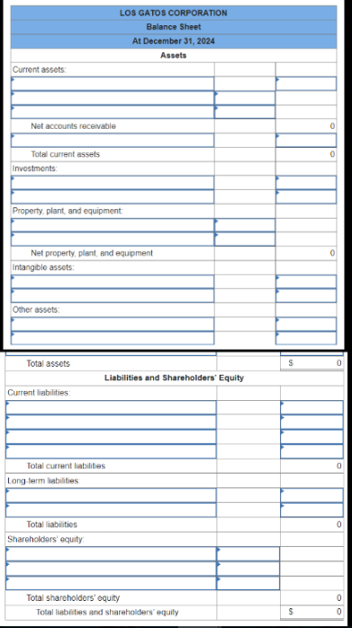Current assets:
Net accounts receivable
Total current assets
Investments:
Property, plant, and equipment:
Net property, plant, and equipment
Intangible assets:
Other assets:
Total assets
Current liabilities:
LOS GATOS CORPORATION
Balance Sheet
At December 31, 2024
Assets
Total current liabilities
Long-term liabilities
Total liabilities
Shareholders' equity
Liabilities and Shareholders' Equity
Total shareholders' equity
Total liabilities and shareholders' equity
$
$
0
0
oo
0
0
